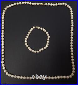 14K Gold Pearl Necklace Bracelet Set Single Strands Cultured Signed Vtg 29 & 8