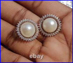 14K Gold Plated White Pearl & Diamond Earrings, Pendant With Ring Necklace Set