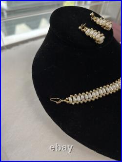 14K Gold Puff Ball/Fresh Water Pearl Bracelet/Dangle Earring Set Pre-owned