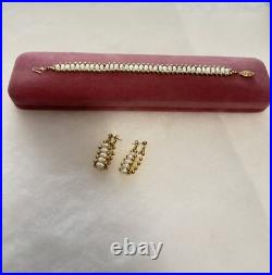 14K Gold Puff Ball/Fresh Water Pearl Bracelet/Dangle Earring Set Pre-owned