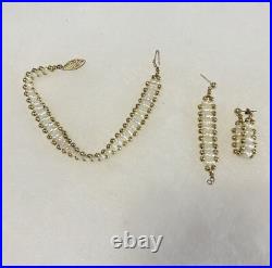 14K Gold Puff Ball/Fresh Water Pearl Bracelet/Dangle Earring Set Pre-owned