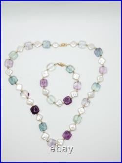 14K Gold Vintage Fluorite Gemstone & Freshwater Pearl Necklace & Bracelet Set 14K Gold Vintage Fluorite Gemstone & Freshwater Pearl Necklace & Bracelet Set
