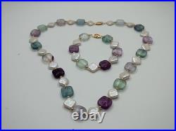 14K Gold Vintage Fluorite Gemstone & Freshwater Pearl Necklace & Bracelet Set 14K Gold Vintage Fluorite Gemstone & Freshwater Pearl Necklace & Bracelet Set