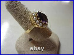 14K KT Gold Amethyst & Pearl Ring Brooch Pendant Earring Ear Clips Set NICE