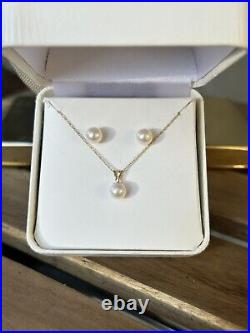 14K Solid Gold Akoya Pearl Jewelry Set Necklace& Stud Earrings, 6-6.5m 1.6g 18L