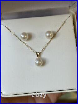 14K Solid Gold Akoya Pearl Jewelry Set Necklace& Stud Earrings, 6-6.5m 1.6g 18L