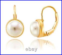 14K Solid Gold Bezel Leverback Set With White Genuine Freshwater Pearl