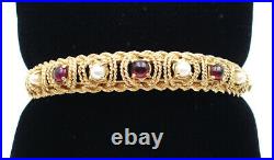 14K Solid Gold Hinged Bangle Bracelet Set with 3 Cabochon Garnets and 3 Pearls