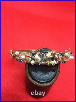 14K Solid Gold Hinged Bangle Bracelet Set with Sapphires and Pearls Floral Motif