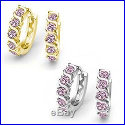 14K Solid White Gold Prong Setting Pink Sapphire Wave Huggie Drop Earrings