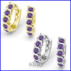 14K Solid White Gold Prong Setting Sparkle Amethyst Wave Huggie Drop Earrings