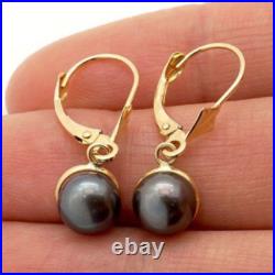 14K Solid Yellow Gold Bezel Set Black Pearl Dangle Leverback Earrings 7mm 14K Solid Yellow Gold Bezel Set Black Pearl Dangle Leverback Earrings 7mm