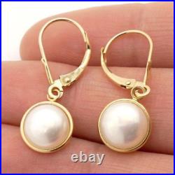 14K Solid Yellow Gold Bezel Set White Pearl Leverback Dangle Earrings 10mm