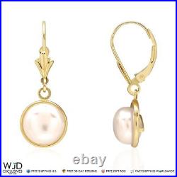 14K Solid Yellow Gold Bezel Set White Pearl Leverback Dangle Earrings 10mm