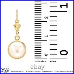 14K Solid Yellow Gold Bezel Set White Pearl Leverback Dangle Earrings 10mm