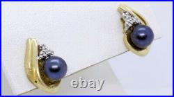 14K Solid Yellow Gold Cultured Black Pearl & Diamond Pendant & Stud Earrings Set