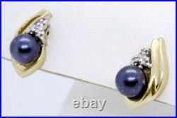 14K Solid Yellow Gold Cultured Black Pearl & Diamond Pendant & Stud Earrings Set