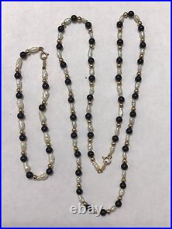 14K Solid Yellow Gold Pearl, Onyx, Gold Bead Necklace and Bracelet Jewlery Set