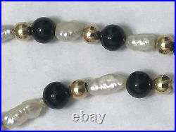 14K Solid Yellow Gold Pearl, Onyx, Gold Bead Necklace and Bracelet Jewlery Set