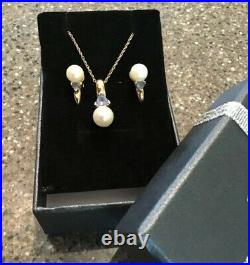 14K Solid Yellow Gold White Pearl & Trillion Tanzanite Necklace & Earring Set
