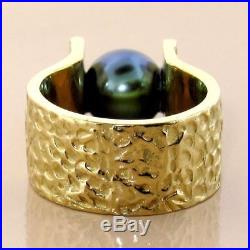 14K Tahitian South Sea Black Pearl Ring in Modern Architectural Setting Size 7