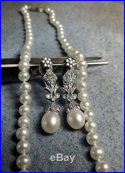 14k White Gold Diamond Pearl Earring Necklace Set