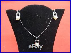 14k White Gold Pearl Earring & Necklace Pendant Suite Set Signed Adpg