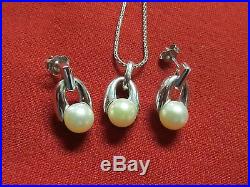 14k White Gold Pearl Earring & Necklace Pendant Suite Set Signed Adpg