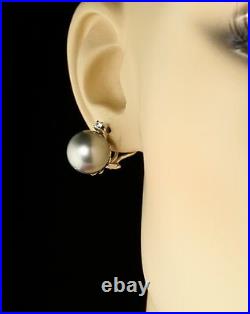 14K White Gold 11mm Tahitian Pearl Diamond Earrings Floral Back Setting