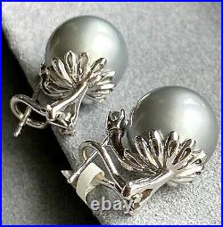 14K White Gold 11mm Tahitian Pearl Diamond Earrings Floral Back Setting