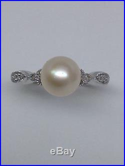 14K White Gold 7mm Cultured Pearl Ring with Bezel Set Diamond Accents Size 7 New
