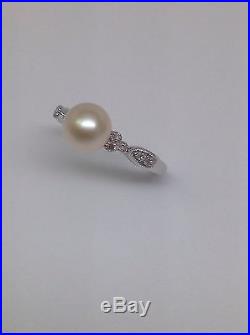 14K White Gold 7mm Cultured Pearl Ring with Bezel Set Diamond Accents Size 7 New