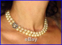 14K White Gold 8mm Pearl Double Strand Necklace Blue Sapphire Set Clasp HD VIDEO