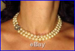 14K White Gold 8mm Pearl Double Strand Necklace Blue Sapphire Set Clasp HD VIDEO