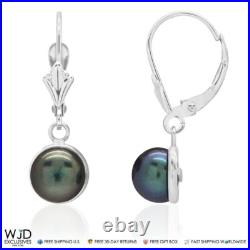 14K White Gold Bezel Set Black Pearl Dangle Leverback Earrings 7mm