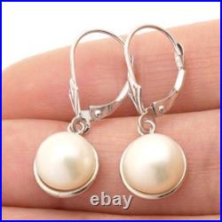 14K White Gold Bezel Set White Pearl Leverback Dangle Earrings 10mm