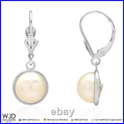 14K White Gold Bezel Set White Pearl Leverback Dangle Earrings 10mm