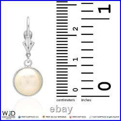 14K White Gold Bezel Set White Pearl Leverback Dangle Earrings 10mm