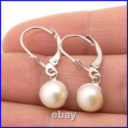 14K White Gold Bezel Set White Pearl Leverback Dangle Earrings 7mm