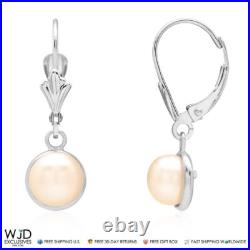 14K White Gold Bezel Set White Pearl Leverback Dangle Earrings 7mm