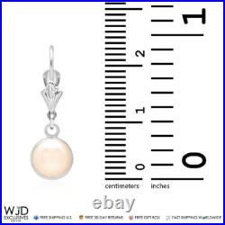 14K White Gold Bezel Set White Pearl Leverback Dangle Earrings 7mm