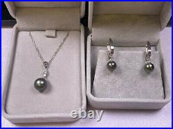 14K White Gold Black Tahitian Pearl Dangle Earrings/Pendant Necklace Set (R185)