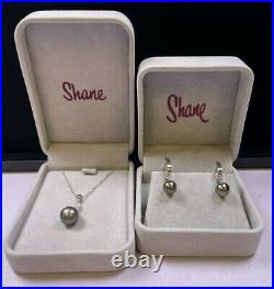 14K White Gold Black Tahitian Pearl Dangle Earrings/Pendant Necklace Set (R185)