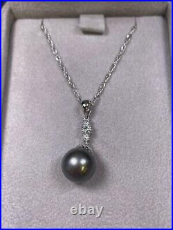 14K White Gold Black Tahitian Pearl Dangle Earrings/Pendant Necklace Set (R185)