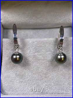 14K White Gold Black Tahitian Pearl Dangle Earrings/Pendant Necklace Set (R185)