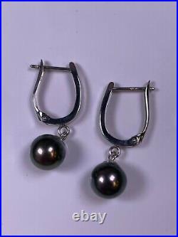 14K White Gold Black Tahitian Pearl Dangle Earrings/Pendant Necklace Set (R185)