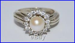 14K White Gold Cathedral Set Pearl & CZ Halo Style Ring sz 6 (LP2052186)