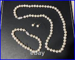 14K White Gold Cultured Freshwater Pearl Necklace Bracelet Earrings Set AAA