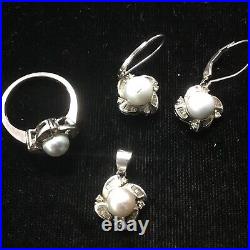 14K White Gold Dainty Pearl and Diamond Pendant, Earrings and Ring Set Beauty