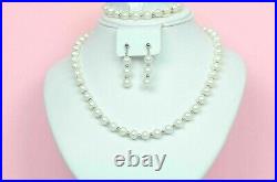 14K White Gold Natural White Genuine Pearl Necklace, Bracelet, Earrings Set